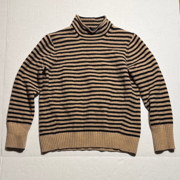 J. Crew Sweaters - J. CREW Rolled Mock Neck Striped Warm Tan Black Wool Cashmere Blend Sweater XL